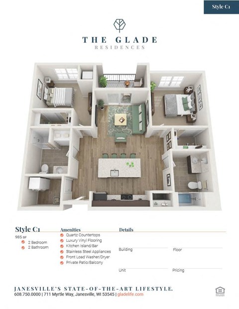 Floor plan for 2 beds, 2 baths, 985 sqft
